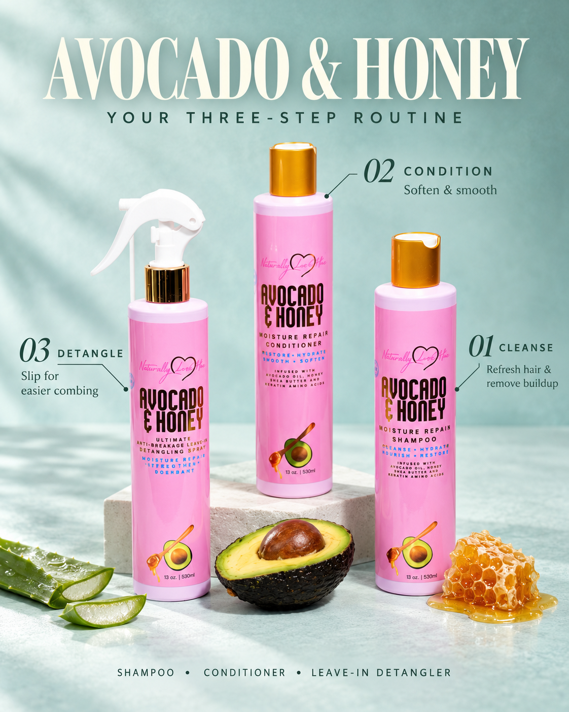 Avocado & Honey 3-Piece Hair Care Set – Shampoo, Conditioner & Leave-In Mist